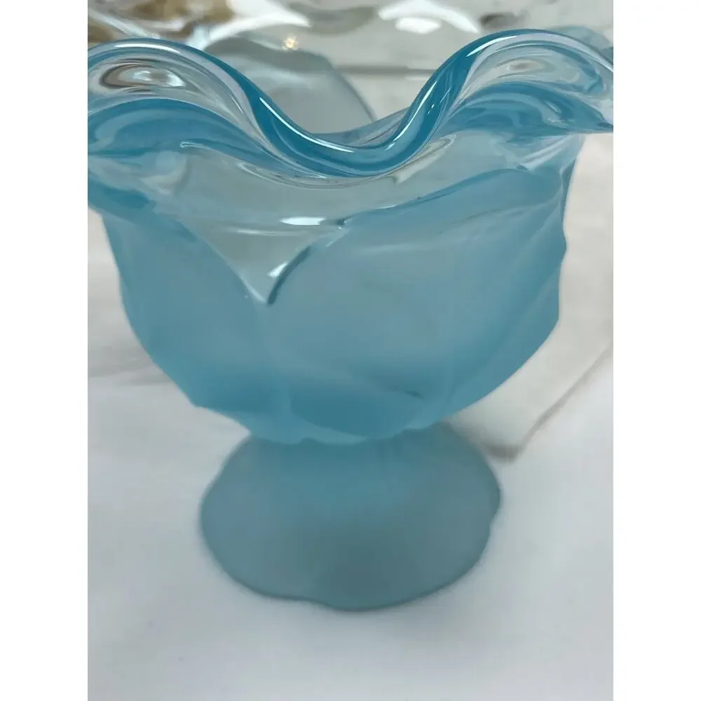 Vintage Viking Glass Cabbage Leaf Compote Bowl with Blue Frosted Finish 4